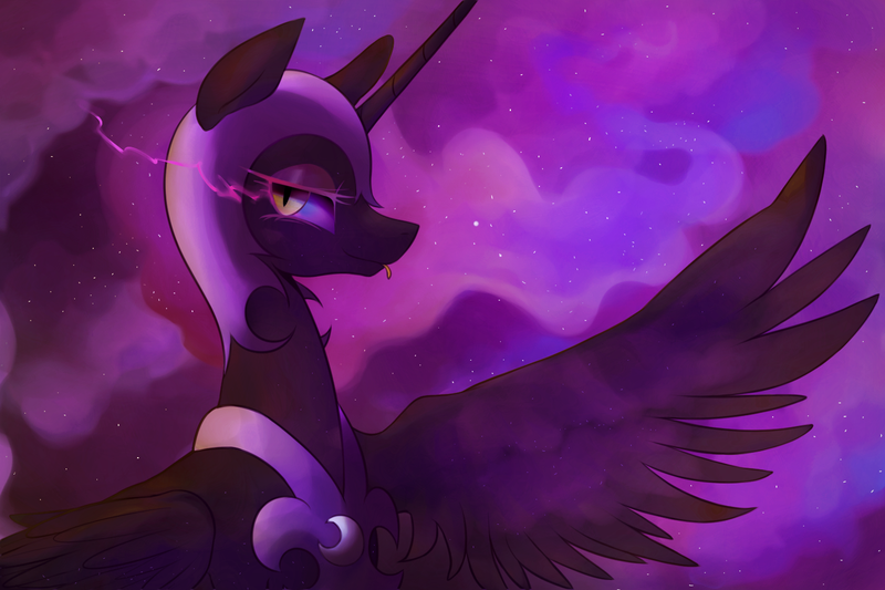 Size: 1500x1000 | Tagged: safe, alternate version, artist:maren, derpibooru import, nightmare moon, alicorn, pony, g4, 2014, :p, bust, ethereal mane, eye mist, female, image, mare, old art, one wing out, png, solo, tongue out, wings