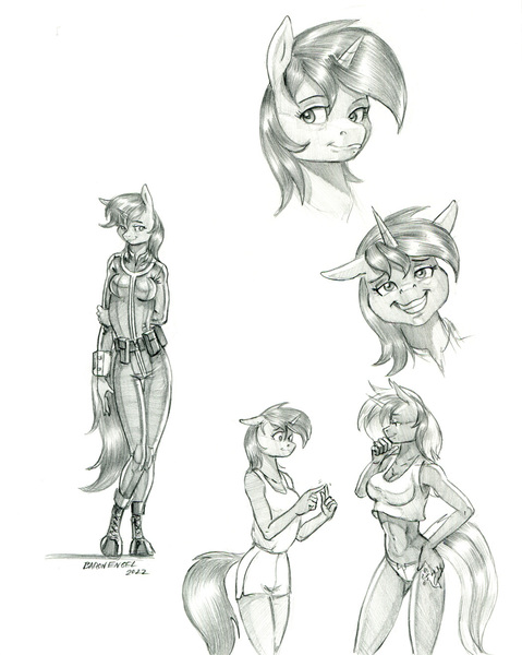 Size: 1050x1315 | Tagged: suggestive, artist:baron engel, derpibooru import, oc, oc:littlepip, oc:velvet remedy, unofficial characters only, anthro, pony, unguligrade anthro, unicorn, fallout equestria, breasts, cleavage, clothes, expressions, female, grayscale, hand, image, jpeg, mare, monochrome, pencil drawing, shirt, shorts, signature, swimsuit, teeth, traditional art