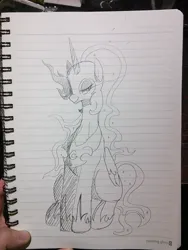 Size: 1080x1440 | Tagged: safe, artist:maren, derpibooru import, nightmare moon, alicorn, pony, g4, 2015, doodle, female, image, jpeg, lidded eyes, lined paper, mare, nicemare moon, old art, sitting, smiling, solo, traditional art