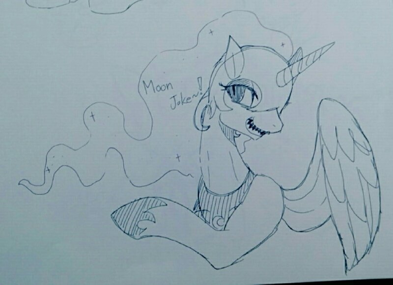 Size: 993x720 | Tagged: safe, artist:maren, derpibooru import, nightmare moon, alicorn, pony, g4, 2017, bust, dialogue, doodle, female, image, jpeg, laughing, mare, nicemare moon, oh you, old art, solo, traditional art, wings