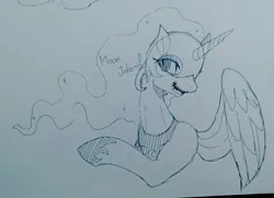 Size: 993x720 | Tagged: safe, artist:maren, derpibooru import, nightmare moon, alicorn, pony, g4, 2017, bust, dialogue, doodle, female, image, jpeg, laughing, mare, nicemare moon, oh you, old art, solo, traditional art, wings