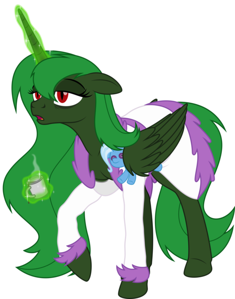 Size: 2253x2864 | Tagged: safe, artist:grypher, derpibooru import, trixie, oc, oc:evening "eve" canter, unofficial characters only, alicorn, pony, fallout equestria, g4, artificial alicorn, bags under eyes, coffee, coffee mug, dressing gown, green alicorn (fo:e), high res, image, mug, plushie, png, simple background, sleepy, solo, tired, transparent background, trixie plushie, vector