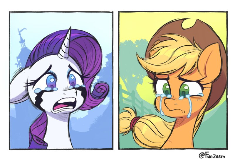 Size: 2480x1748 | Tagged: safe, artist:fanzeem, derpibooru import, applejack, rarity, pegasus, pony, unicorn, g4, amogus eyes, among us, bust, crying, duo, female, floppy ears, frown, image, jpeg, makeup, mare, meme, open mouth, running makeup, signature