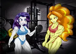 Size: 2835x2015 | Tagged: suggestive, artist:ponymaan, derpibooru import, adagio dazzle, rarity, human, equestria girls, g4, acardio dazzle, adagity, breasts, clothes, dumbbell (object), duo, female, flexing, gritted teeth, gym, high res, image, lesbian, lidded eyes, muscles, muscular female, pecs, png, ripped rarity, shipping, smiling, smirk, sports bra, sports panties, sweat, teeth, weight lifting, weights, workout