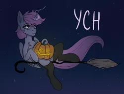 Size: 2038x1548 | Tagged: safe, artist:tanatos, derpibooru import, oc, alicorn, pony, broom, clothes, commission, flying, flying broomstick, halloween, holiday, image, jack-o-lantern, png, pumpkin, sketch, socks, solo, stockings, thigh highs, your character here