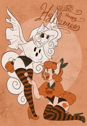 Size: 1423x2048 | Tagged: safe, artist:mscolorsplash, derpibooru import, oc, oc:pumpkin spice, unofficial characters only, anthro, earth pony, pony, clothes, costume, duo, female, halloween, halloween costume, high heels, holiday, image, jpeg, kneeling, mare, pinup, pumpkin bucket, shoes, socks, striped socks, thigh highs