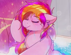 Size: 4096x3186 | Tagged: safe, artist:legionsunite, derpibooru import, oc, oc:velvet volt, pegasus, pony, bathtub, bubble, image, long hair, png, shower, sparkles, wet, wet mane