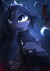 Size: 2349x3333 | Tagged: safe, artist:magnaluna, derpibooru import, princess luna, alicorn, pony, g4, armor, clothes, cute, female, flag, high res, image, jewelry, jpeg, leaning, lunabetes, mare, moon, necklace, night, regalia, sitting, socks, solo, stockings, thigh highs, wing armor, wings