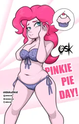 Size: 1289x2000 | Tagged: suggestive, artist:oldskullkid, derpibooru import, pinkie pie, human, equestria girls, g4, belly button, bikini, breasts, chubby, clothes, cupcake, erect nipples, female, food, image, jpeg, nipple outline, pinkie pie day, pinkie thighs, plump, solo, solo female, swimsuit, thick, thighs, thinking, thunder thighs