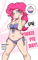 Size: 1289x2000 | Tagged: suggestive, alternate version, artist:oldskullkid, derpibooru import, pinkie pie, human, equestria girls, g4, bikini, breasts, chubby, clothes, cupcake, female, food, humanized, image, jpeg, pinkie pie day, plump, solo, solo female, swimsuit, thinking, thought bubble