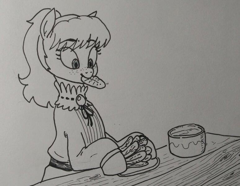 Size: 2048x1587 | Tagged: safe, artist:pony quarantine, derpibooru import, oc, oc:bo, unofficial characters only, earth pony, pony, clothes, dress, female, food, freckles, grayscale, image, jpeg, mare, monochrome, mouth hold, solo, traditional art