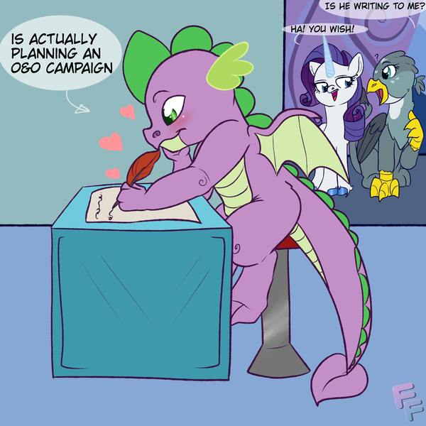 Size: 3000x3000 | Tagged: safe, artist:ponykittenboi, derpibooru import, gabby, rarity, spike, dragon, gryphon, pony, unicorn, g4, g5, blushing, box, colored, derpibooru exclusive, dungeons and dragons, female, fighting over boy, flat colors, funny, g4 to g5, generation leap, hallway, heart, high res, image, implied shipping, implied spabby, implied sparity, implied straight, joke, male, mare, not what it looks like, oblivious, ogres and oubliettes, open mouth, paper, pen and paper rpg, png, quill, room, rpg, shipping, shitposting, signature, simple, smiling, spying, stool, text, unaware, watermark, wings, writing