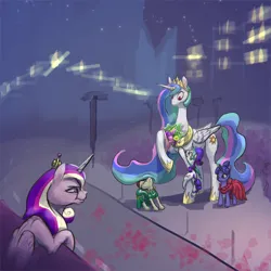 Size: 2400x2400 | Tagged: safe, artist:ciborgen, derpibooru import, princess cadance, princess celestia, rarity, alicorn, earth pony, pony, unicorn, a canterlot wedding, g4, alternate scenario, bouquet, bouquet of flowers, bridesmaid dress, cadance is not amused, climbing, clothes, dress, female, flower, glare, height difference, high res, hoof hold, image, inktober, mare, night, png, queen celestia, reaching, tallestia, unamused