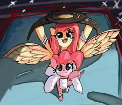 Size: 1500x1282 | Tagged: safe, artist:solid shrimp, derpibooru import, fluttershy, pinkie pie, earth pony, pegasus, pony, g4, belt, clothes, duo, female, happy, image, jpeg, mare, open mouth, open smile, smiling, sports, spread wings, wings, wrestling, wrestling belt, wrestling ring