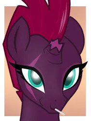 Size: 768x1024 | Tagged: safe, artist:theuser, derpibooru import, fizzlepop berrytwist, tempest shadow, pony, unicorn, g4, broken horn, bust, candy, cute, eye scar, facial scar, female, food, horn, image, lollipop, looking at you, mare, passepartout, png, portrait, scar, smiling, solo, tempestbetes, three quarter view