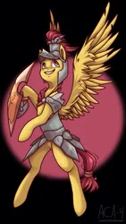 Size: 576x1024 | Tagged: safe, artist:aca-4, derpibooru import, flash magnus, pegasus, pony, g4, abstract background, armor, dark background, digital art, full body, helmet, image, jpeg, looking back, male, netitus, rearing, shield, simple background, smiling, solo, spread wings, stallion, tail, wings