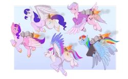 Size: 1131x707 | Tagged: safe, artist:citysyndrome, derpibooru import, pipp petals, queen haven, rainbow dash, rarity, zipp storm, alicorn, pony, g5, alicornified, blue background, clothes, flying, group, happy, havencorn, image, jetpack, leotard, pippcorn, png, quintet, race swap, rainbowcorn, raricorn, simple background, zippcorn