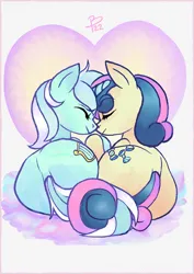 Size: 1000x1414 | Tagged: safe, artist:flutterbree, derpibooru import, bon bon, lyra heartstrings, sweetie drops, earth pony, pony, unicorn, g4, bon butt, boop, butt, eyes closed, female, heart, heart background, holding hooves, image, intertwined tails, jpeg, lesbian, lying down, lyra hindstrings, lyrabon, lyrebutt, mare, noseboop, nuzzling, plot, plot pair, ponytober, prone, rear view, shipping, tail