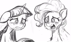 Size: 470x279 | Tagged: safe, artist:fanzeem, derpibooru import, pinkie pie, twilight sparkle, twilight sparkle (alicorn), alicorn, earth pony, pony, g4, amogus eyes, among us, crying, duo, female, frown, grayscale, image, jpeg, mare, meme, monochrome, open mouth, sketch