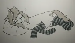 Size: 2048x1199 | Tagged: safe, artist:pony quarantine, derpibooru import, oc, oc:fighty, pony, unicorn, clothes, female, grayscale, image, jpeg, lying down, mare, monochrome, onomatopoeia, pillow, side, sleeping, socks, solo, sound effects, striped socks, traditional art, zzz