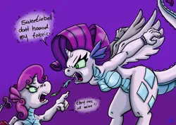 Size: 1024x725 | Tagged: suggestive, artist:dinodraketakethecake, derpibooru import, rarity, sweetie belle, anthro, dragon, g4, angry, argument, breasts, dragonified, duo, female, fire, fire breath, image, jpeg, lizard breasts, rage, raridragon, siblings, sisters, species swap, speech bubble, sweetie dragon