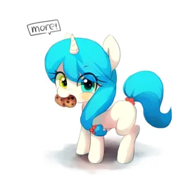 Size: 682x680 | Tagged: safe, artist:maren, derpibooru import, oc, unofficial characters only, pony, unicorn, 2014, cookie, dialogue, eye clipping through hair, female, filly, foal, food, heterochromia, image, mouth hold, old art, png, simple background, solo, tail, tail wrap, white background