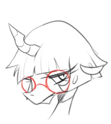 Size: 376x418 | Tagged: safe, artist:maren, derpibooru import, oc, oc:myri, unofficial characters only, changeling, 2014, bangs, bust, doodle, female, glasses, image, old art, png, portrait, round glasses, solo, unamused