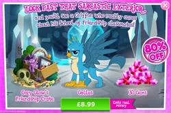 Size: 1954x1292 | Tagged: safe, derpibooru import, cozy glow, gallus, rarity, twilight sparkle, gryphon, g4, advertisement, box, bush, costs real money, crack is cheaper, crystal, english, flower, gameloft, gem, image, introduction card, jpeg, male, my little pony: magic princess, numbers, picture, picture frame, puppet, sale, skull, solo, spread wings, text, wings