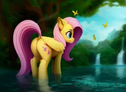 Size: 1408x1024 | Tagged: safe, ai content, derpibooru import, editor:craft, machine learning generated, stable diffusion, fluttershy, butterfly, insect, pegasus, pony, g4, butt, dock, flutterbutt, image, plot, png, smiling, solo, tail, water, waterfall