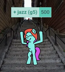 Size: 1275x1414 | Tagged: safe, artist:professorventurer, derpibooru import, earth pony, pony, g5, 500, bipedal, derpimilestone, image, irl, jazz hooves, joker (2019), photo, png, ponies in real life, stairs, the exorcist