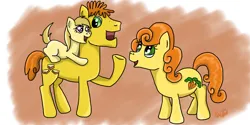 Size: 1263x633 | Tagged: safe, artist:kartaltheartist, derpibooru import, carrot cake, carrot top, golden harvest, noi, earth pony, pony, g4, 2017, blank flank, female, filly, foal, freckles, image, jpeg, male, mare, ponies riding ponies, riding, riding a pony, signature, stallion, trio, uncle and niece