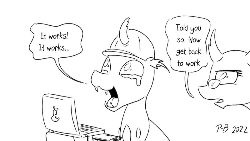 Size: 1200x675 | Tagged: safe, artist:pony-berserker, derpibooru import, oc, oc:berzie, oc:stainless key, unofficial characters only, changeling, computer, crying, drawing tablet, image, jpeg, laptop computer, pony-berserker's twitter sketches, pony-berserker's twitter sketches (2022), simple background, white background