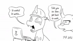 Size: 1200x675 | Tagged: safe, artist:pony-berserker, derpibooru import, oc, oc:berzie, oc:stainless key, unofficial characters only, changeling, computer, crying, drawing tablet, image, jpeg, laptop computer, pony-berserker's twitter sketches, pony-berserker's twitter sketches (2022), simple background, white background