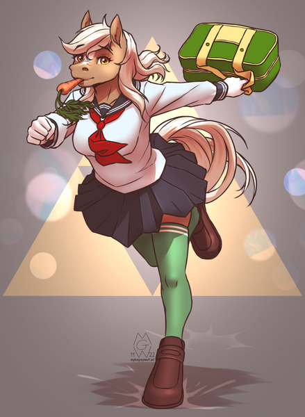 Size: 1642x2244 | Tagged: safe, artist:mykegreywolf, derpibooru import, anthro, horse, unguligrade anthro, bag, breasts, carrot, clothes, coat markings, epona, food, herbivore, image, japanese, long sleeved shirt, long sleeves, markings, miniskirt, moon runes, png, running, sailor uniform, school uniform, schoolgirl, schoolgirl toast, shirt, shoes, skirt, socks, socks (coat marking), solo, the legend of zelda, thigh highs, thigh socks, triforce, uniform