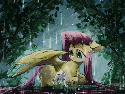 Size: 2160x1620 | Tagged: safe, artist:lendftcn, derpibooru import, angel bunny, fluttershy, pegasus, pony, g4, duo, female, film grain, floppy ears, image, jpeg, lying down, mare, prone, rain, wing umbrella, wings