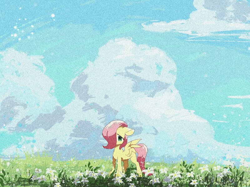 Size: 2160x1620 | Tagged: safe, artist:lendftcn, derpibooru import, fluttershy, pegasus, pony, g4, blank flank, cloud, cute, female, filly, filly fluttershy, film grain, floppy ears, flower, flower field, foal, hair over one eye, image, jpeg, shyabetes, sky, solo, spread wings, wings, younger