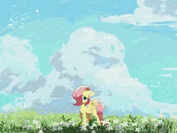 Size: 2160x1620 | Tagged: safe, artist:lendftcn, derpibooru import, fluttershy, pegasus, pony, g4, blank flank, cloud, cute, female, filly, filly fluttershy, film grain, floppy ears, flower, flower field, foal, hair over one eye, image, jpeg, shyabetes, sky, solo, spread wings, wings, younger