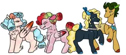 Size: 1280x565 | Tagged: safe, artist:eonionic, derpibooru import, cozy glow, oc, oc:illuminant queen, oc:rosy prune, oc:tendersweet, earth pony, pegasus, pony, g4, angry, bow, chest fluff, coat markings, colored ears, colored hooves, colored wings, cozy glow's father, cozy glow's mother, cozy glow's parents, earth pony oc, female, freckles, gradient mane, gradient wings, hair bun, headcanon, image, jewelry, jpeg, missing cutie mark, mother and child, mother and daughter, necklace, necktie, no pupils, pearl necklace, pegasus oc, simple background, tail, tail bow, unshorn fetlocks, white background, wings