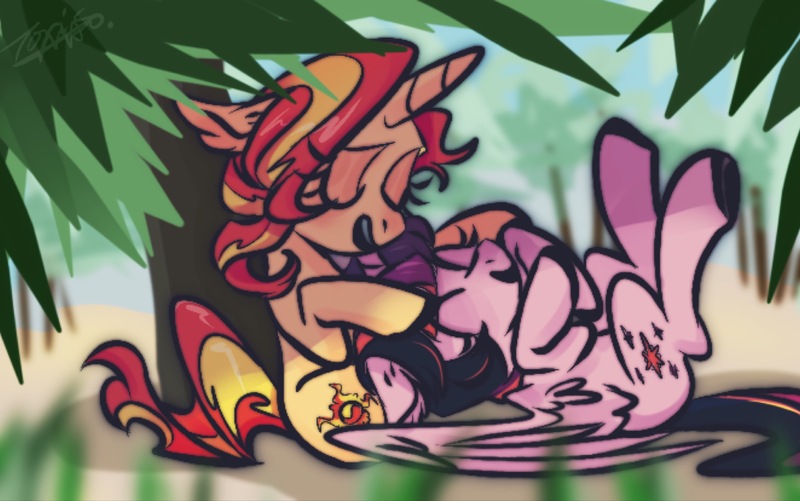 Size: 3000x1878 | Tagged: safe, artist:toris12, derpibooru import, sunset shimmer, twilight sparkle, twilight sparkle (alicorn), alicorn, pony, unicorn, eyes closed, female, horn, image, jpeg, lying down, mare, on back, petting, tree