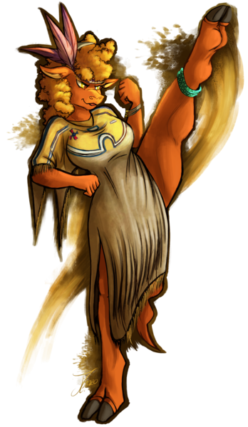 Size: 1014x1750 | Tagged: safe, artist:jamescorck, derpibooru import, little strongheart, anthro, bison, buffalo, unguligrade anthro, g4, anklet, breasts, clothes, cloven hooves, curly hair, dress, female, flexible, headdress, high kick, image, jewelry, kicking, older, older little strongheart, png, simple background, soles, solo, splits, stretching, thighs, transparent background