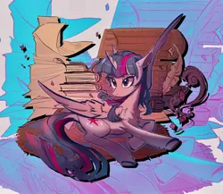 Size: 2363x2048 | Tagged: safe, artist:toris12, derpibooru import, twilight sparkle, twilight sparkle (alicorn), alicorn, pony, abstract background, book, chest, female, image, jpeg, mare, parchment, solo, spread wings, wings