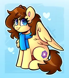 Size: 2669x3005 | Tagged: safe, artist:shyshyoctavia, derpibooru import, oc, unofficial characters only, pegasus, pony, blue background, blue eyes, brown hair, brown tail, clothes, ears, ears up, female, hair, heart, high res, image, mane, mare, png, scarf, simple background, sitting, smiling, solo, tail, wings