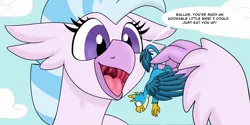 Size: 9000x4515 | Tagged: safe, artist:noblebrony317, derpibooru import, gallus, silverstream, gryphon, hippogriff, g4, absurd resolution, caught, caught by the tail, dangling, eyes open, fainted, female, giantess, gigastream, holding, holding by the tail, image, in love, macro, macro/micro, male, mawshot, mouth, not vore, not what it looks like, open mouth, png, scared, shipping denied, story included, terrified, throat, unconscious, uvula, white eyes, wide eyes