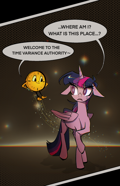 Size: 1377x2129 | Tagged: safe, artist:toris12, derpibooru import, twilight sparkle, twilight sparkle (alicorn), alicorn, pony, abstract background, artificial intelligence, crossover, female, hand on hip, image, loki (tv series), looking at each other, looking at someone, mare, miss minutes, png, speech bubble, text