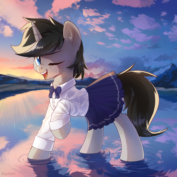 Size: 3067x3067 | Tagged: safe, artist:kaylemi, derpibooru import, oc, oc:cyan delta, unofficial characters only, pony, unicorn, clothes, cloud, crossdressing, cute, femboy, high res, image, looking at you, male, morning, mountain, one eye closed, outdoors, png, scenery, school uniform, sky, stallion, twilight (astronomy), water