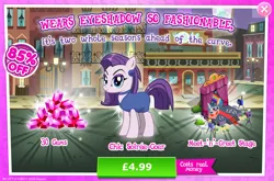 Size: 1958x1295 | Tagged: safe, derpibooru import, idw, coloratura, earth pony, pony, g4, advertisement, bush, camera, chic soirée, clothes, costs real money, countess coloratura, curtains, ear piercing, earring, english, eyeshadow, female, gameloft, gem, idw showified, image, introduction card, jewelry, jpeg, makeup, mare, my little pony: magic princess, numbers, piercing, quill, sale, solo, stage, text