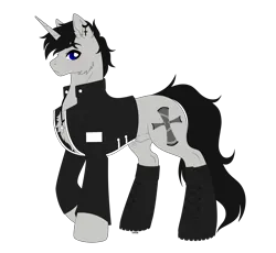 Size: 2563x2362 | Tagged: safe, artist:elberas, derpibooru import, oc, oc:black cross, unofficial characters only, pony, unicorn, boots, clothes, crucifix, ear piercing, high res, image, jacket, jewelry, male, necklace, piercing, png, shoes, simple background, slender, solo, stallion, thin, transparent background