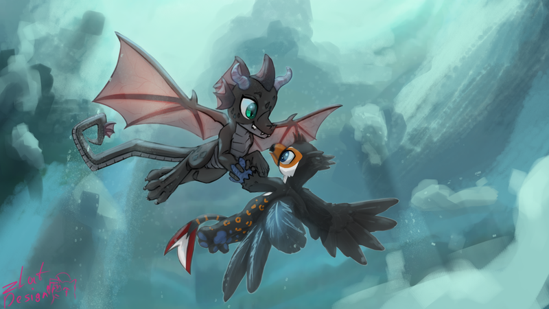 Size: 7680x4320 | Tagged: safe, artist:zlatdesign, derpibooru import, oc, oc:pyrolysis, oc:tristão, unofficial characters only, bird, dragon, gryphon, ocelot, toco toucan, toucan, beak, chest fluff, claws, cloud, commission, couple, cute, derpibooru exclusive, dragon wings, fangs, fins, flying, griffon oc, happy, horn, horns, image, looking at each other, looking at someone, male, open beak, open mouth, paws, png, scales, shipping, sky, slit pupils, smiling, tail, talons, toucan griffon, wings