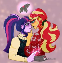 Size: 1708x1734 | Tagged: safe, artist:indigohatetrain, derpibooru import, sci-twi, sunset shimmer, twilight sparkle, human, equestria girls, g4, alternate clothes, alternate hairstyle, black nail polish, christmas, christmas sweater, clothes, duo, female, hand on chin, holiday, holly, holly mistaken for mistletoe, image, imminent kissing, jpeg, lesbian, magic, ship:sci-twishimmer, shipping, simple background, sunsetsparkle, sweater, telekinesis, turtleneck