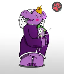 Size: 2200x2564 | Tagged: safe, artist:darkprinceismyname, derpibooru import, queen of the hippos, spike, dragon, hippopotamus, g4, my little pony: the movie, crown, dialogue, eyelashes, eyes closed, female, floating heart, green eyes, hape, heart, help, high res, hug, image, jewelry, male, open mouth, open smile, personal space invasion, png, regalia, ruff (clothing), simple background, size difference, smiling, suffocating, white background